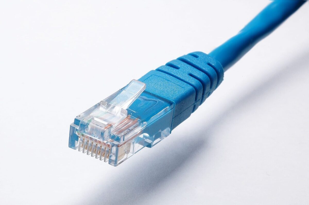 Wtyk RJ45 niebieskiego przewodu sieciowego w zbliżeniu